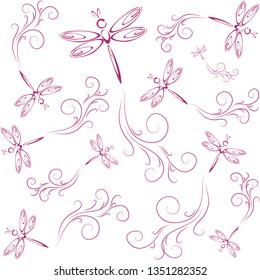 Vector seamless beautiful pattern with stylized burgundy dragonflies, the trace of the flight  in the form of tracery on a white background for wallpapers, textiles, cards, dishes. Style of Provence