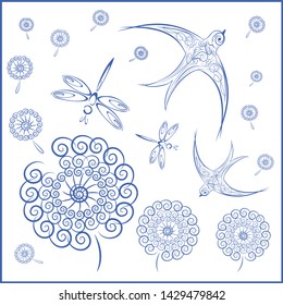 Vector seamless beautiful pattern with stylized blue swallow, dandelion with flying dandelion fluff , dragonfly in a square frame on a white background for wallpaper, textiles, cards, dishes