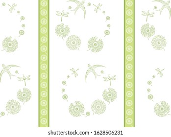 Vector seamless beautiful pattern with stylized green swallow, dandelion with flying dandelion fluffs, dragonfly, vertical stripes on a transparent background for wallpaper, textile, wrapping paper