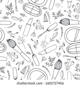 Vector seamless beauty, cosmetics doodle pattern. Florals, spring, summer sale background. Brushes, flowerspowder, lipstick. Hand drawn black and white background