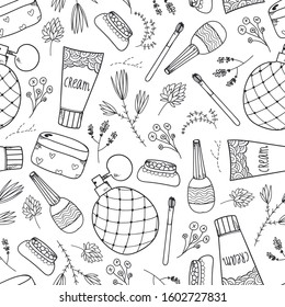 Vector seamless beauty, cosmetics doodle pattern. Florals, spring, summer sale background.  Perfume, nail polish, brush, cream, blush, flowers. Hand drawn black and white background