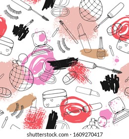 Vector seamless beauty, cosmetics doodle pattern. Perfume, nail polish, brush, cream, blush,mascaras. Hand drawn background with strokes, spots