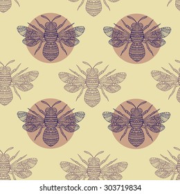 Vector seamless bee pattern with hand drawn doodle bee illustrations. Ornate insect background