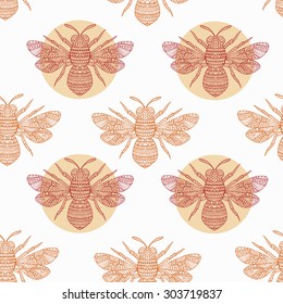 Vector seamless bee pattern with hand drawn doodle bee illustrations. Ornate insect background