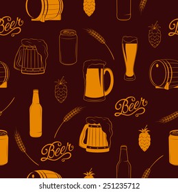 Vector seamless beer pattern with bottle, barrel, glass, hops, wheat, beer mug, beer can and text