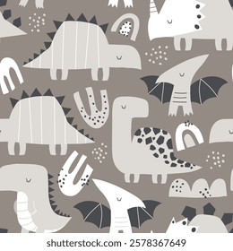 Vector seamless beige children's pattern with cute dinosaurs, rainbow, plants. Triceratops, t-rex, raptor, stegosaurus, pterodactyl. Creative kids texture for fabric, wrapping, textile, wallpaper.