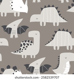 Vector seamless beige children's pattern with cute dinosaurs. Triceratops, t-rex, raptor, stegosaurus, pterodactyl. Creative kids texture for fabric, wrapping, textile, wallpaper. Scandinavian style. 