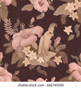 Vector seamless beige colored floral pattern from hand drawn hibiscus, Australian parrot, exotic small flowers and fantasy tropical foliage on a dark lacy brown and grey background. Wallpaper, batik