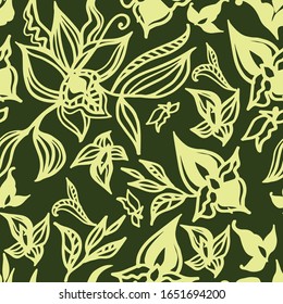 Vector seamless beige orchid floral pattern from leaf. Natural tropical background