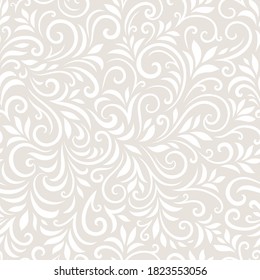 Vector seamless beige pattern with leaves and curls. Monochrome abstract floral background. Stylish monochrome texture.