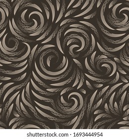 Vector seamless beige texture on a brown background. Smooth arch and curls in linear style. Gel pen. Print for fabrics or wrapping paper.Thin lines.