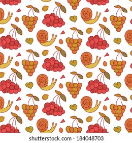 Vector seamless berries, leaves and snails pattern