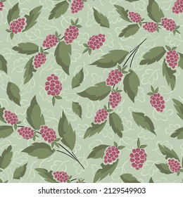 Vector seamless berry pattern with raspberries on foliate twigs on light green background; perfect for wrapping paper, packaging, invitations, cards and other design.