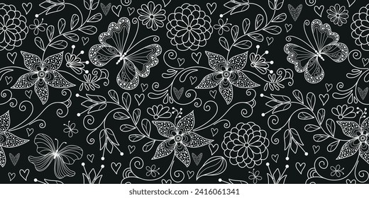 Vector seamless bicolor floral valentines pattern with hearts and dotty butterflies in doodle style on a black background