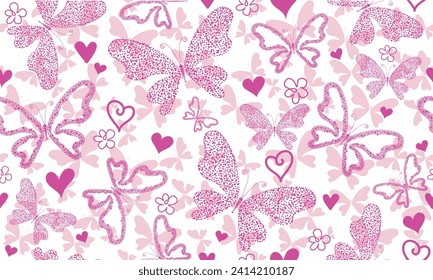 Vector seamless bicolor valentines pattern with pink hearts and dotty butterflies and flowers  in doodle style on a transparent background