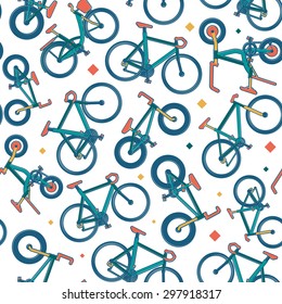 Vector seamless bicycle color themed pattern with citybike, folding, road, mountain, BMX, hybrid bikes with borders