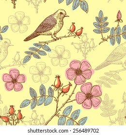Vector seamless bird pattern. Background with dog-rose and bird.