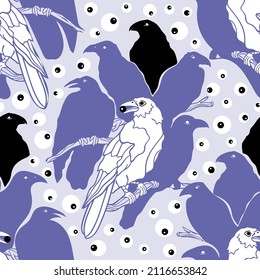 Vector seamless bird pattern. Crows are sitting on a branch. Design for printing on textiles, packaging, paper, wallpaper. 