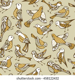 Vector seamless birds pattern. Hand-drawn animals on light background. Yellow nature boundless background.