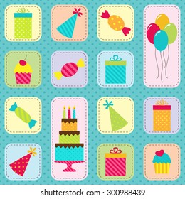 Vector seamless birthday party pattern with cake, balloons, presents, hats and sweets