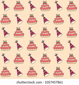 Vector seamless birthday pattern cake and festive cap