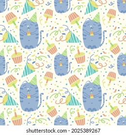 Vector seamless birthday pattern with cartoon cat. Cupcakes with candles, serpentine, tinsel. Pattern for paper for gift wrapping.