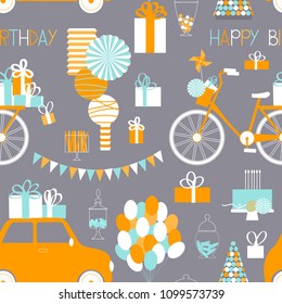 Vector seamless birthday  pattern. Garlands,car, bicycle,  gifts, cake, sweets, balloons.