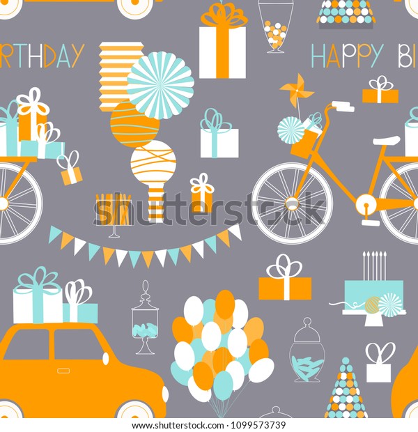 Vector seamless birthday  pattern.\
Garlands,car, bicycle,  gifts, cake, sweets,\
balloons.