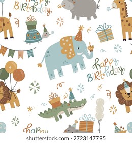 Padrão de aniversário sem emenda do vetor com animais de safári. Perfeito para papel de embrulho, cartões de saudação e outros. Pode ser usado para papel de parede, têxtil, embalagem.