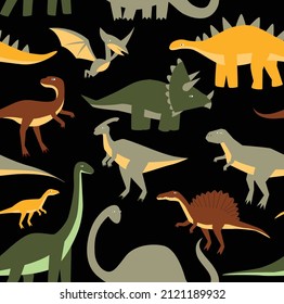 Vector seamless black background with dinosaurs. Cartoon dinosaurs. Pattern with cartoon dinosaurs. Children's fabric. Wallpaper for boys.