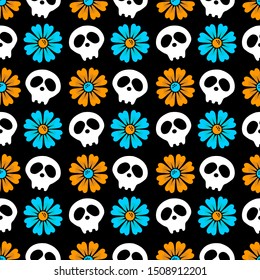 Vector seamless black background with flowers and skulls. Day of the dead. Happy Halloween. just festive flat background