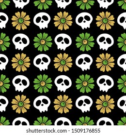 Vector seamless black background with flowers and skulls. Day of the dead. Happy Halloween. just festive flat background