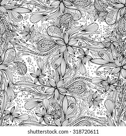 Vector seamless black doodles pattern, floral ethnic ornament, fashion pattern for fabric