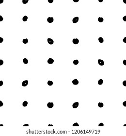 Vector seamless black dot pattern with grunge circle spots isolated on white background. Black blobs isolated on white.