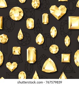 Vector seamless black glossy background with 3d golden gems, jewels. Gold shiny diamonds with different cuts. Luxury texture for holiday gift and jewelry shop.