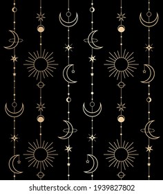 vector seamless black and gold pattern of cosmic objects on line