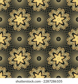 Image vectorielle motif harmonieux noir et doré avec cercles et fleurs vintage dans un style rétro