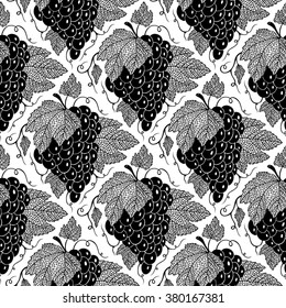 Vector seamless black grapes pattern on white background
