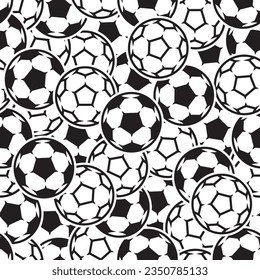 Vector seamless black overlapping football balls pile with white contour pattern.