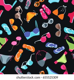 Vector seamless black pattern with colorful hand drawn sunglasses, swimsuits and flip flops. Doodle background with summer clothing and shoes. Trendy design for fashion textile print.