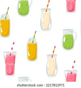 Vector seamless black pattern with tropical cocktails, juice, wine and champagne glass. Doodle background with beverages. Design for summer beach party, bar menu of drinks list