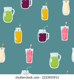 Vector seamless black pattern with tropical cocktails, juice, wine and champagne glass. Doodle background with beverages. Design for summer beach party, bar menu of alcohol drinks