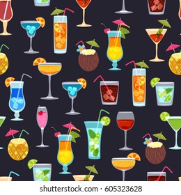 Vector seamless black pattern with tropical cocktails, juice, wine and champagne glass. Doodle background with beverages. Design for summer beach party, bar menu of alcohol drinks or wine list.