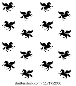 vector seamless black pegasus horse with wings unicorn silhouette pattern isolated on white rose background