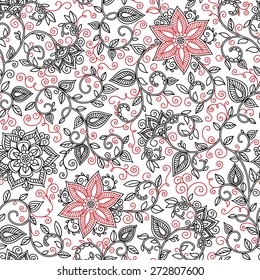 vector seamless black and red pattern of spirals, swirls, doodles