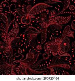 vector seamless black and red pattern of spirals, swirls, doodles