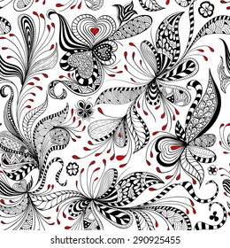 vector seamless black, red and white pattern of spirals, swirls, doodles