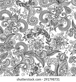 vector seamless black, red and white pattern of spirals, swirls, doodles