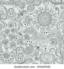 vector seamless black, red and white hand-drawn pattern of spirals, swirls, doodles
