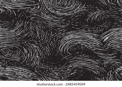 Vector seamless black texture on black background. Smooth arch and curls in linear style. Gel pen. Print for fabrics or wrapping paper.Thin lines.